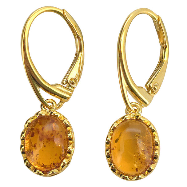 14K Gold Plated Silver Cognac Amber Classic Oval Earrings