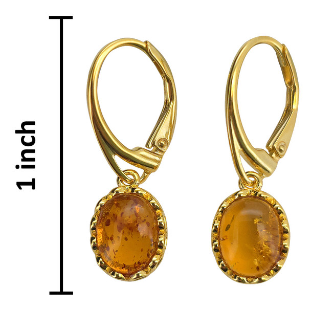 14K Gold Plated Silver Cognac Amber Classic Oval Earrings