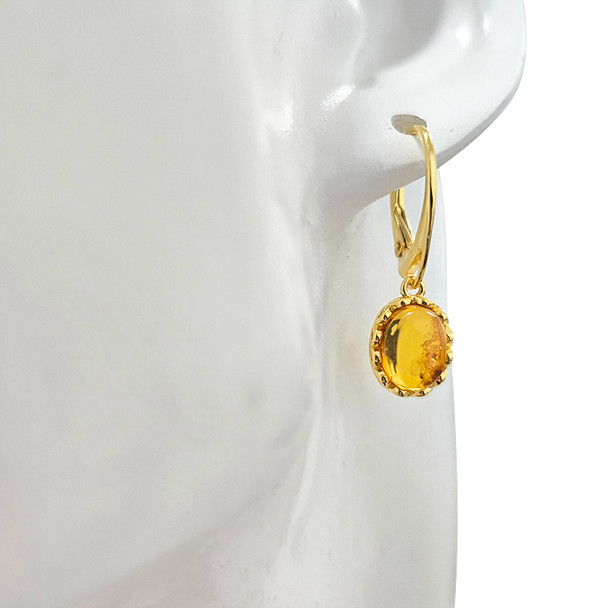 14K Gold Plated Silver Cognac Amber Classic Oval Earrings