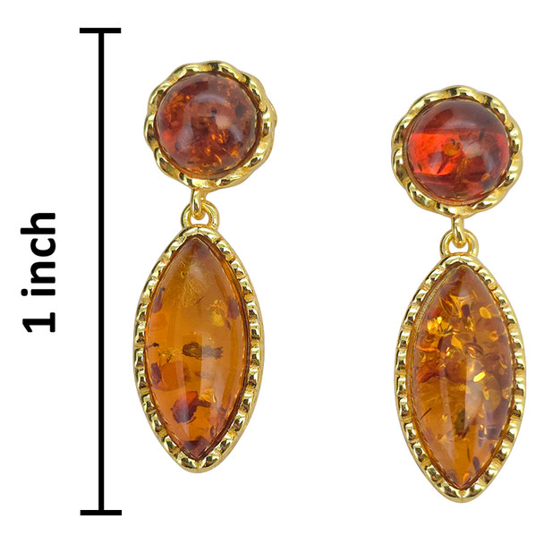 14K Gold Plated Silver Cognac Amber Classic Marquise Post Earrings