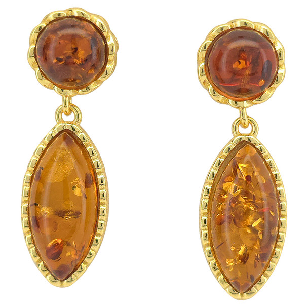 14K Gold Plated Silver Cognac Amber Classic Marquise Post Earrings