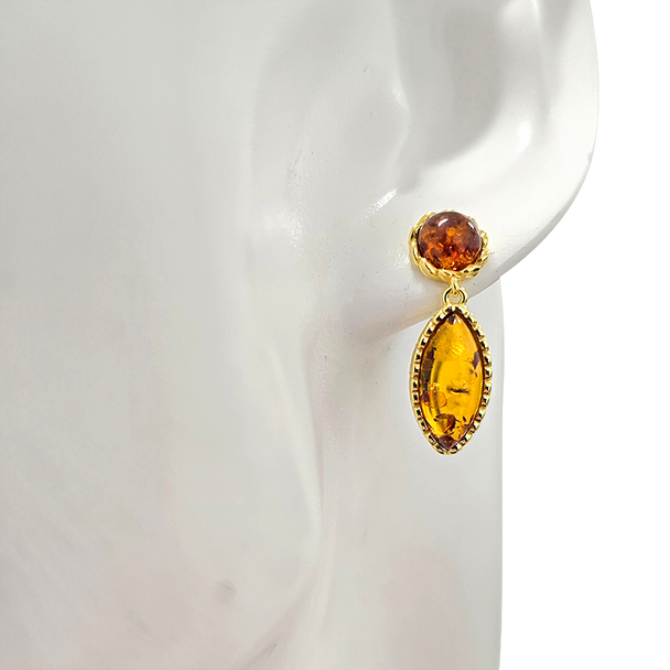 14K Gold Plated Silver Cognac Amber Classic Marquise Post Earrings