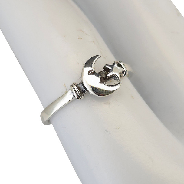 Celestial Moon and Star Motif Sterling Silver Stacking Ring