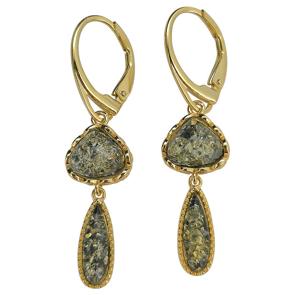 14K Gold Plated Silver Green Amber Classic Teardrop Earrings