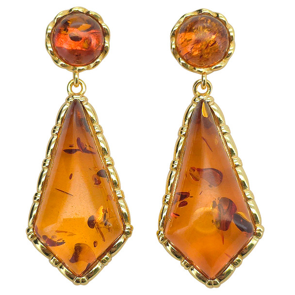 14K Gold Plated Cognac Amber Kite Post Dangle Earrings
