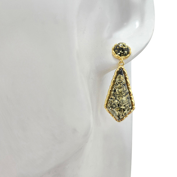 14K Gold Plated Green Amber Kite Post Dangle Earrings