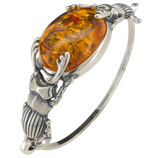 Amber Oxidized Silver Stag/Scarab Beetle Handmade Cuff Bracelet