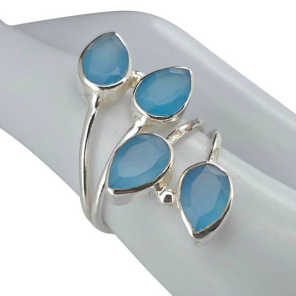 4-Stone Faceted Blue Chalcedony Silver Adjustable Ring