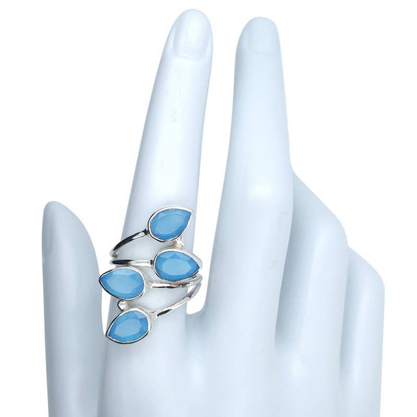 4-Stone Faceted Blue Chalcedony Silver Adjustable Ring