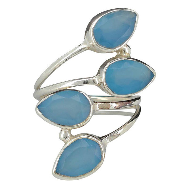 4-Stone Faceted Blue Chalcedony Silver Adjustable Ring