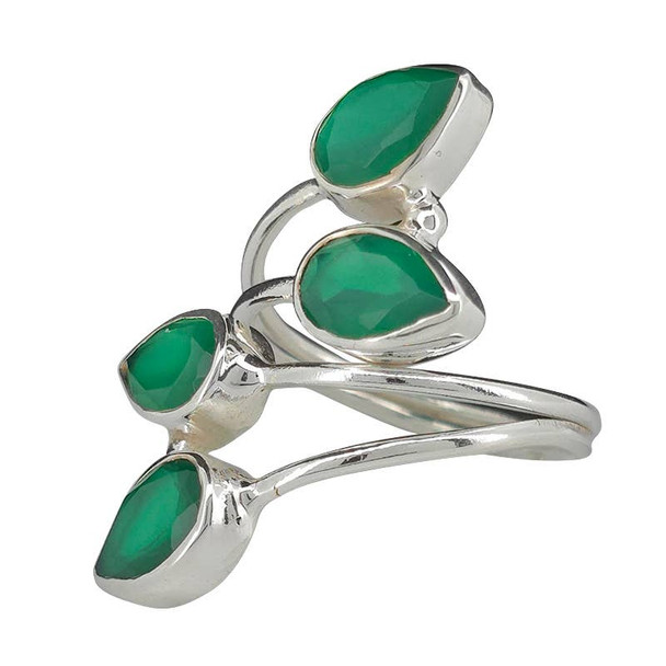 4-Stone Faceted Green Onyx Silver Adjustable Ring