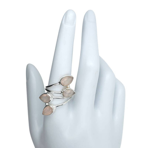 4-Stone Faceted Rose Quartz Silver Adjustable Ring
