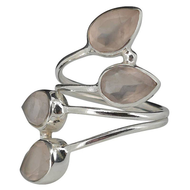 4-Stone Faceted Rose Quartz Silver Adjustable Ring