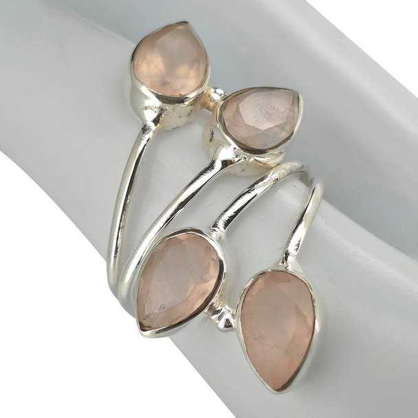 4-Stone Faceted Rose Quartz Silver Adjustable Ring