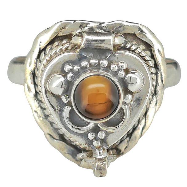 Heart-Shaped Tiger Eye Sterling Silver Locket / Poison Ring