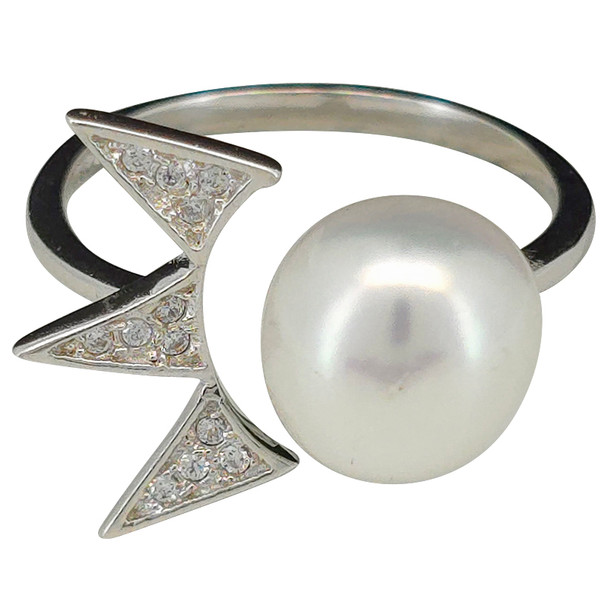 Triangle Burst Adjustable Pearl Sterling Silver Ring
