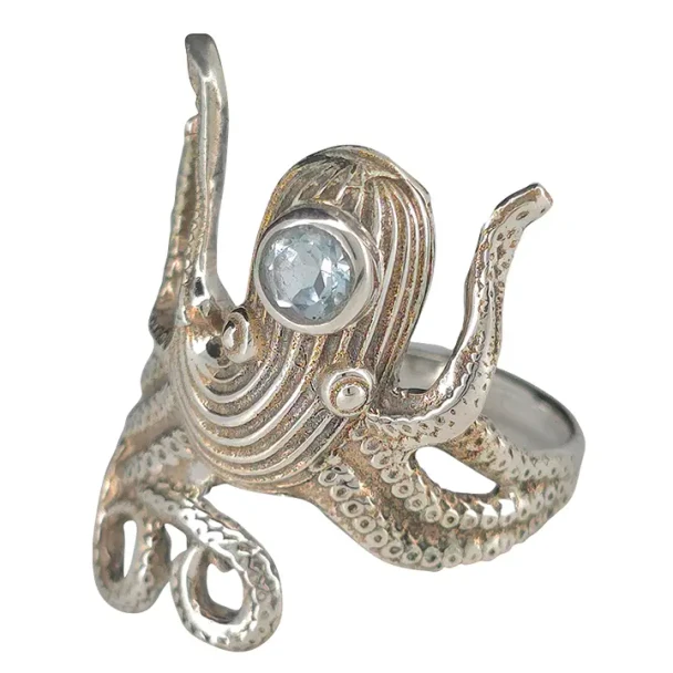 Faceted Blue Topaz Sterling Silver Octopus Ring