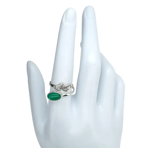 Green Onyx Leaf Design Silver Adjustable Ring