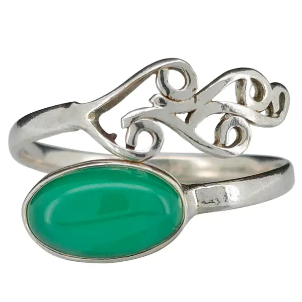 Green Onyx Leaf Design Silver Adjustable Ring