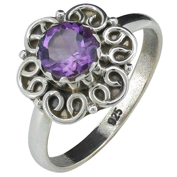 Faceted Amethyst Flower Style Silver Ring