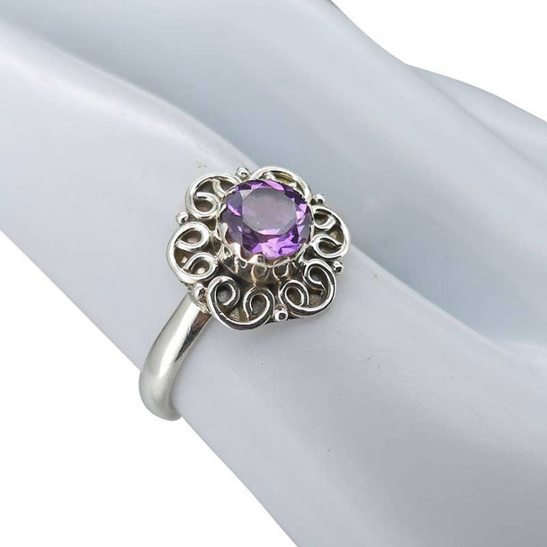 Faceted Amethyst Flower Style Silver Ring