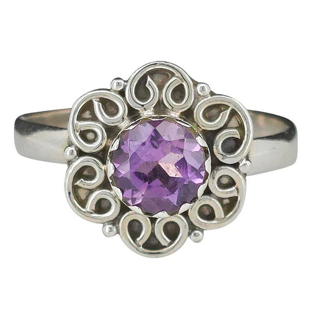 Faceted Amethyst Flower Style Silver Ring