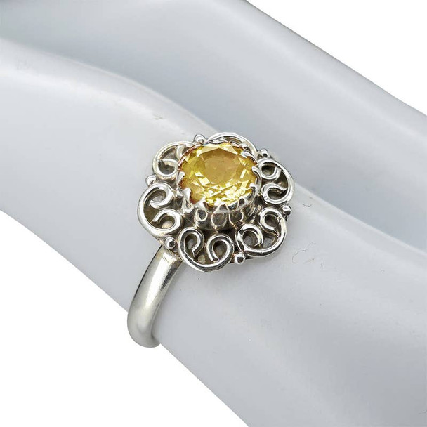 Faceted Citrine Flower Style Silver Ring