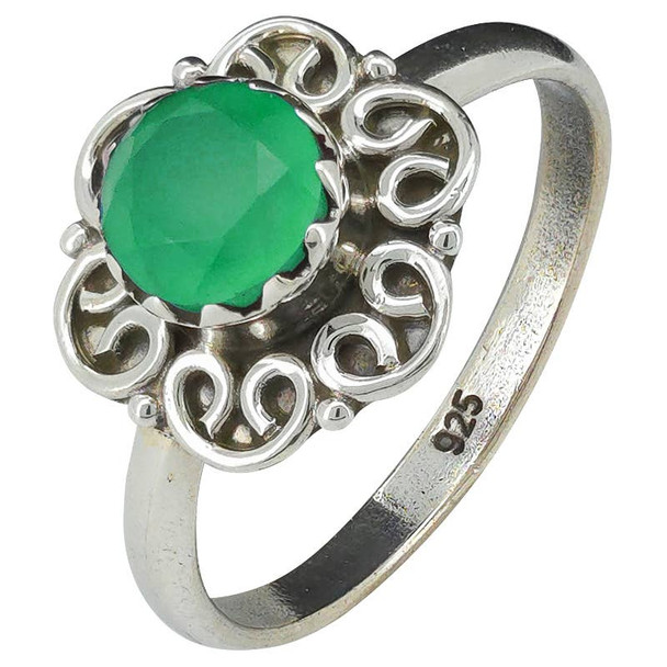 Faceted Green Onyx Flower Style Silver Ring