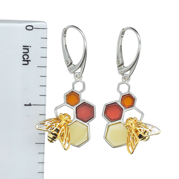Multi Color Amber Silver Bee On Honeycomb Earrings On Hooks