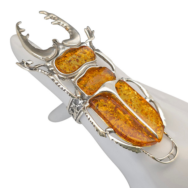 Scarab Cognac Amber Sterling Silver Adjustable Ring