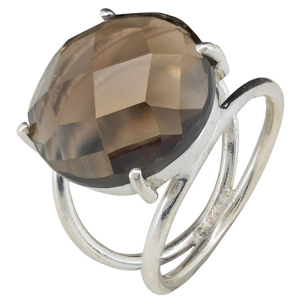 Modern Faceted Smoky Quartz Sterling Silver Ring