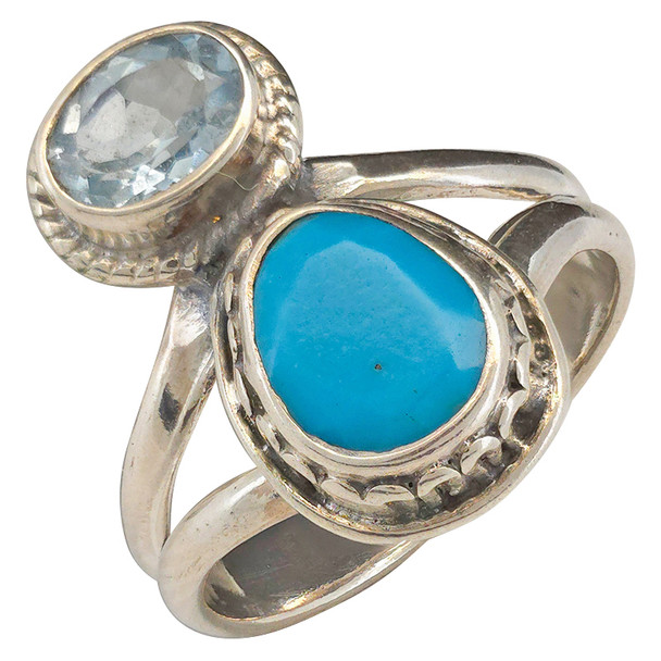 Faceted Turquoise & Blue Topaz Sterling Silver Ring