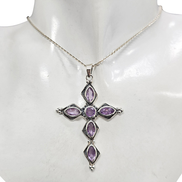 Faceted Amethyst Cross Sterling Silver Pendant