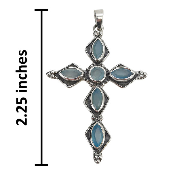 Faceted Blue Chalcedony Cross Sterling Silver Pendant