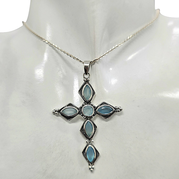 Faceted Blue Chalcedony Cross Sterling Silver Pendant