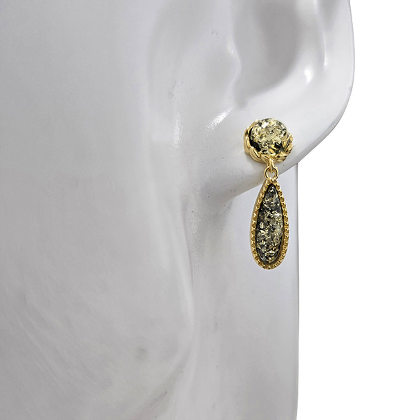 14K Gold Plated Green Amber Teardrop Sterling Silver Post Dangle Earrings