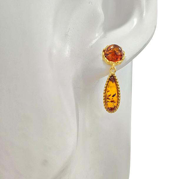 14K Gold Plated Cognac Amber Teardrop Sterling Silver Post Dangle Earrings