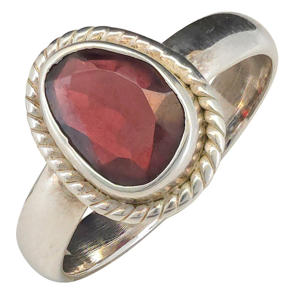 Faceted Garnet Rope Border Sterling Silver Ring