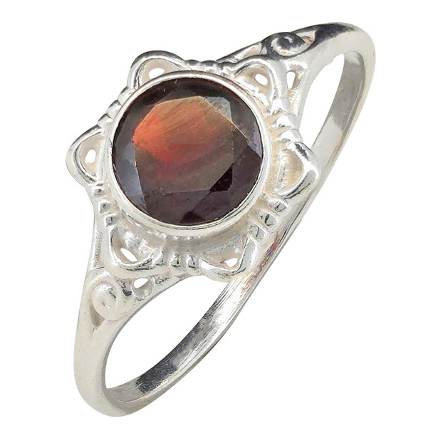 Faceted Garnet Scrollwork Sterling Silver Ring