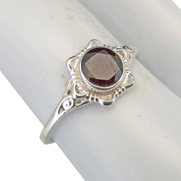 Faceted Garnet Scrollwork Sterling Silver Ring