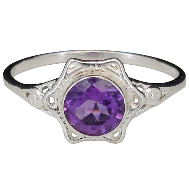 Faceted Amethyst Scrollwork Sterling Silver Ring