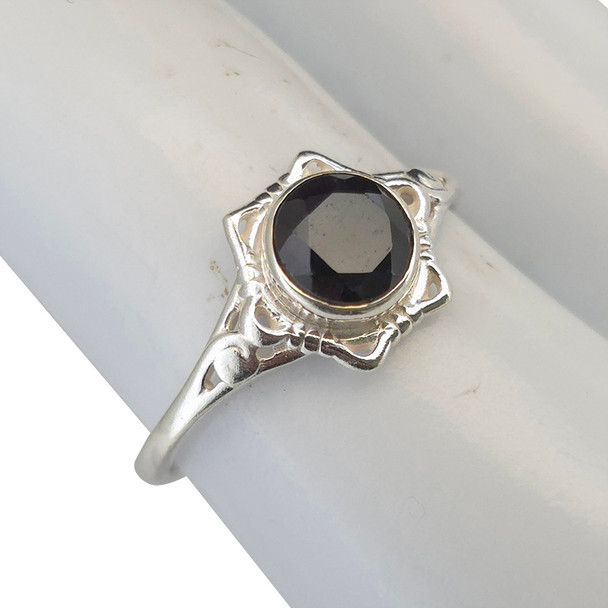Faceted Black Onyx Scrollwork Sterling Silver Ring