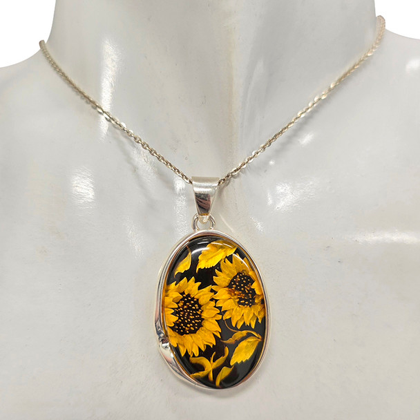 Handmade Carved Sunflower Cameo Amber Sterling Silver Pendant