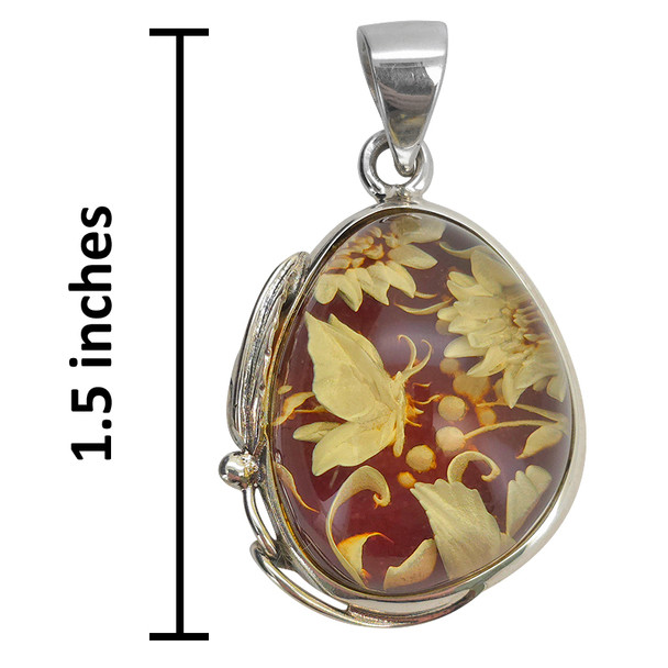 Handmade Carved Floral Butterfly Cameo Genuine Baltic Amber Sterling Silver Pendant