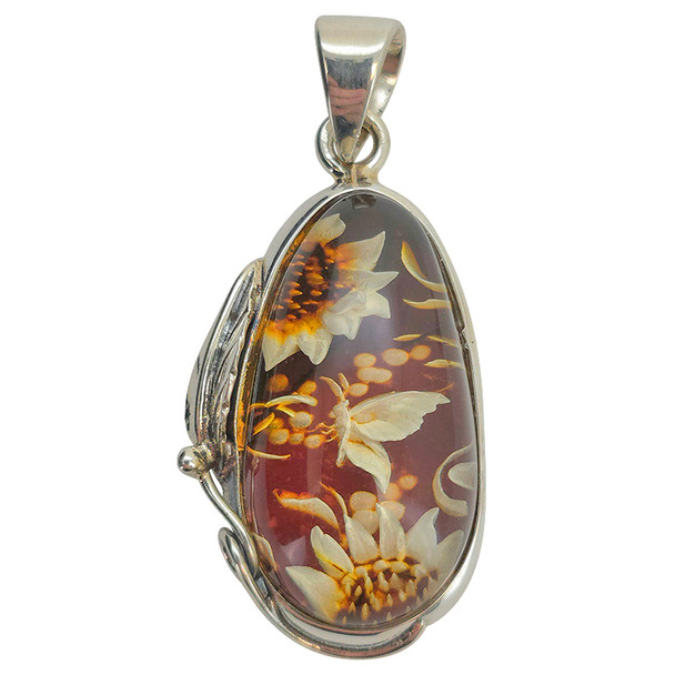 Handmade Carved Floral Butterfly Cameo Genuine Baltic Amber Sterling Silver Pendant