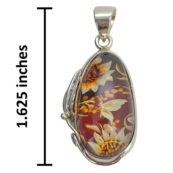 Handmade Carved Floral Butterfly Cameo Genuine Baltic Amber Sterling Silver Pendant