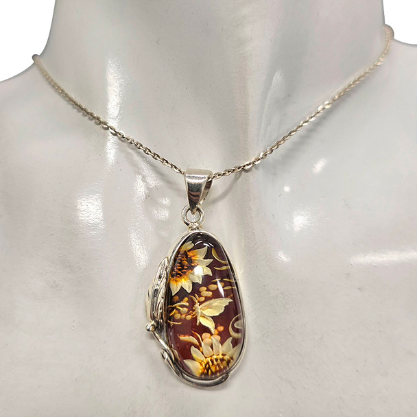 Handmade Carved Floral Butterfly Cameo Genuine Baltic Amber Sterling Silver Pendant