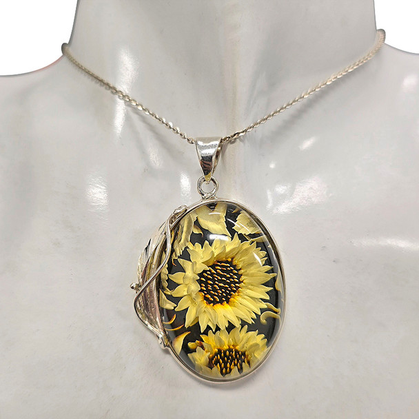 Handmade Carved Sunflower Cameo Amber Sterling Silver Pendant