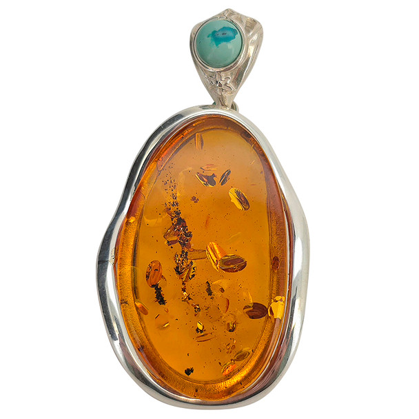 Handmade Multicolor Amber & Turquoise Sterling Silver Pendant