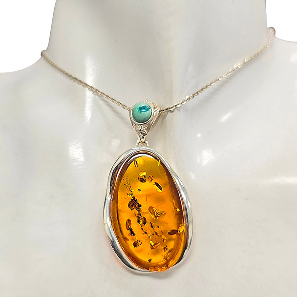 Handmade Multicolor Amber & Turquoise Sterling Silver Pendant